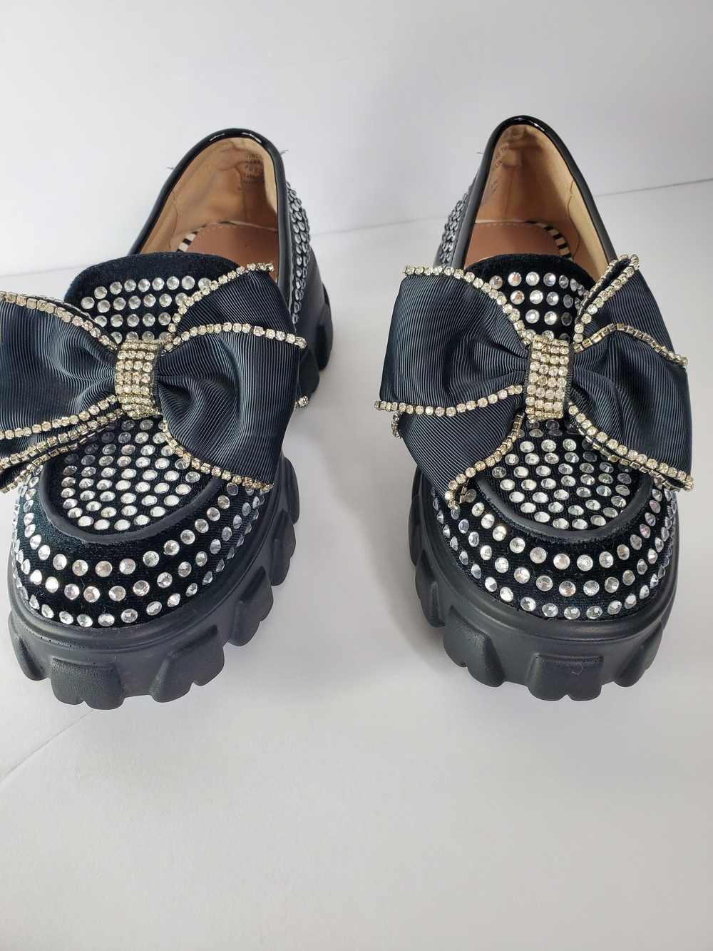 Betsey Johnson Black Bow Loafers with Rhinestones